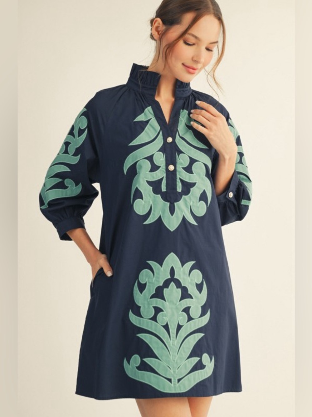 Blue green embroidered baroque pearl floral boho swing western midi maxi dress